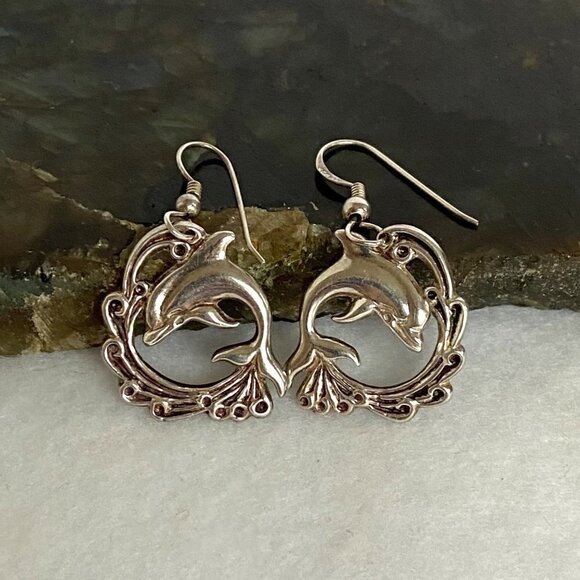 VTG Sterling Silver 925 VIMAR 1.60" Jumping Dolphin Wave Dangle Earrings Sealife - Picture 2 of 16